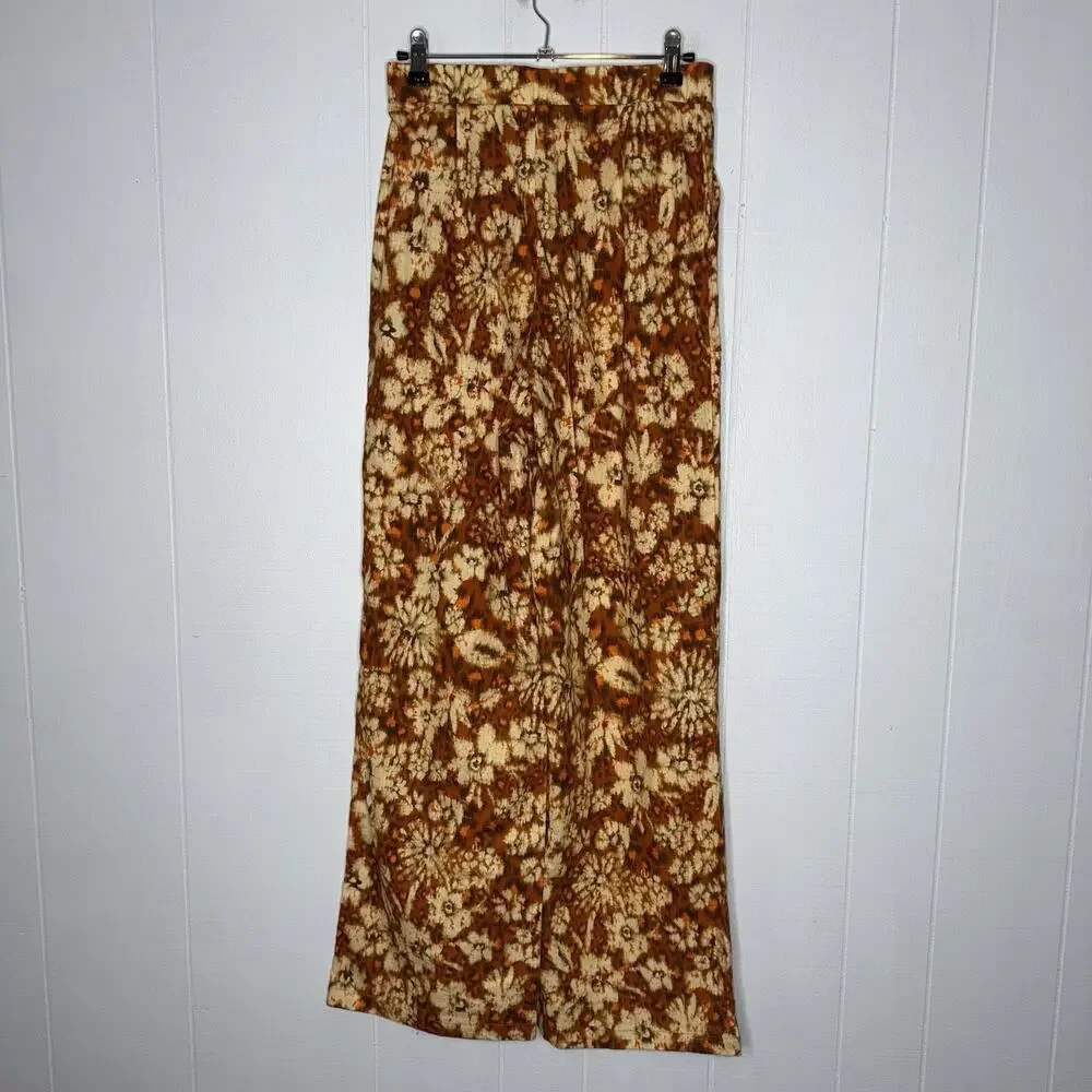 Zara Women’s Floral Leopard Linen Cotton Pants Orange Straight Leg Size Small